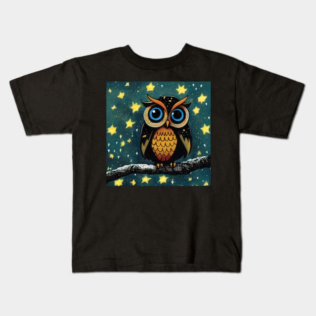 Owl with big Blue eyes and Stars Kids T-Shirt by Geminiartstudio